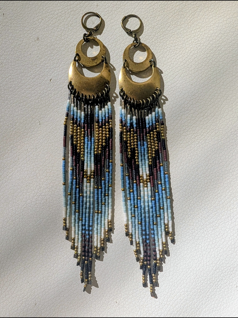 Beaded Fringe Drop Earrings By Dancing Willow Design Blue, White, Black & Gold